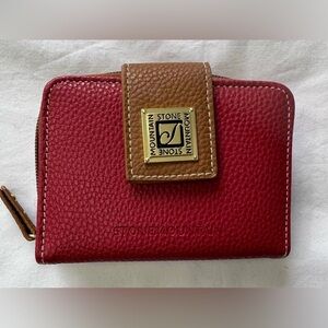 Stone Mountain bonded leather Womens Purse Wallet red and tan with zipper pocket